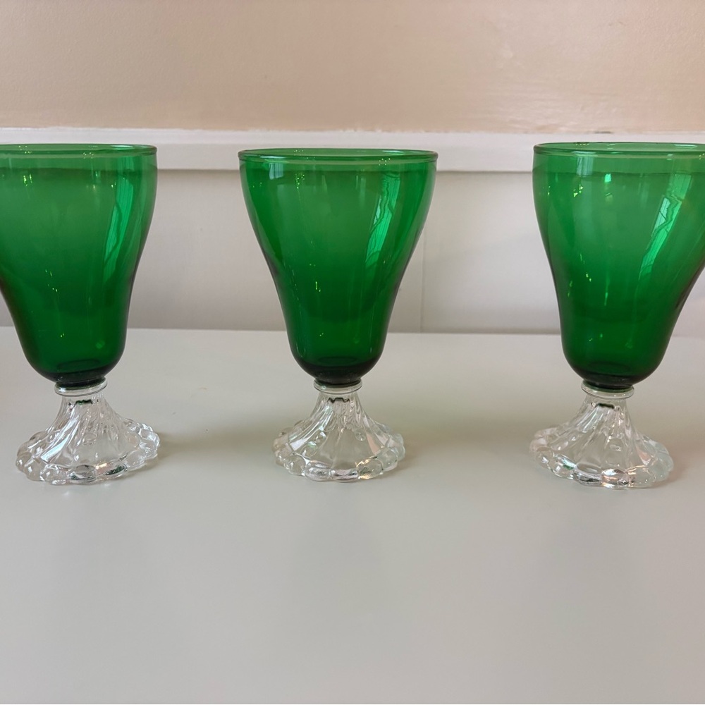 Set of 3 Antique Green Glass Goblets - Picture 2 of 7